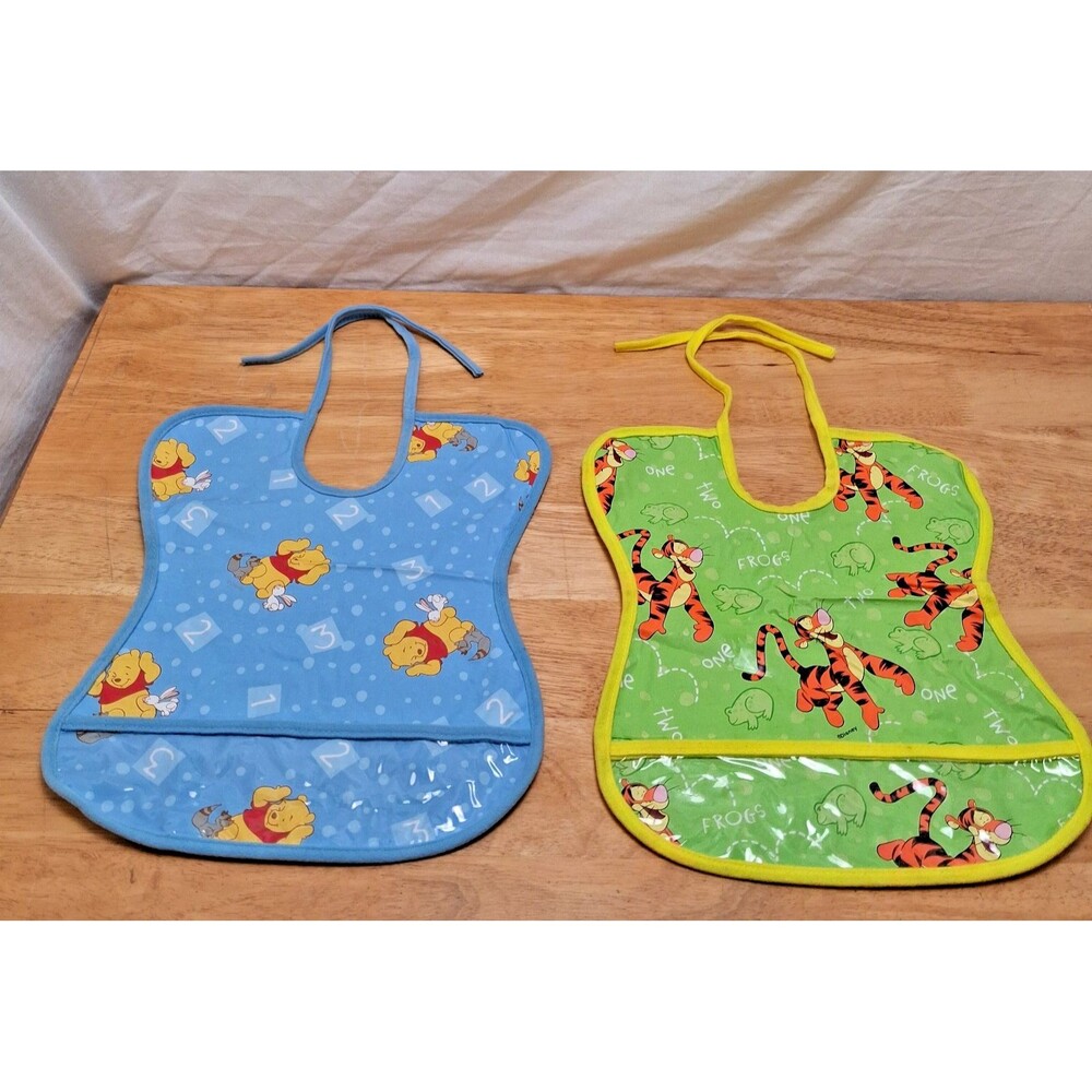 2 Vintage The First Years Winnie the Pooh Tigger Tie Bib Vinyl Food Catcher